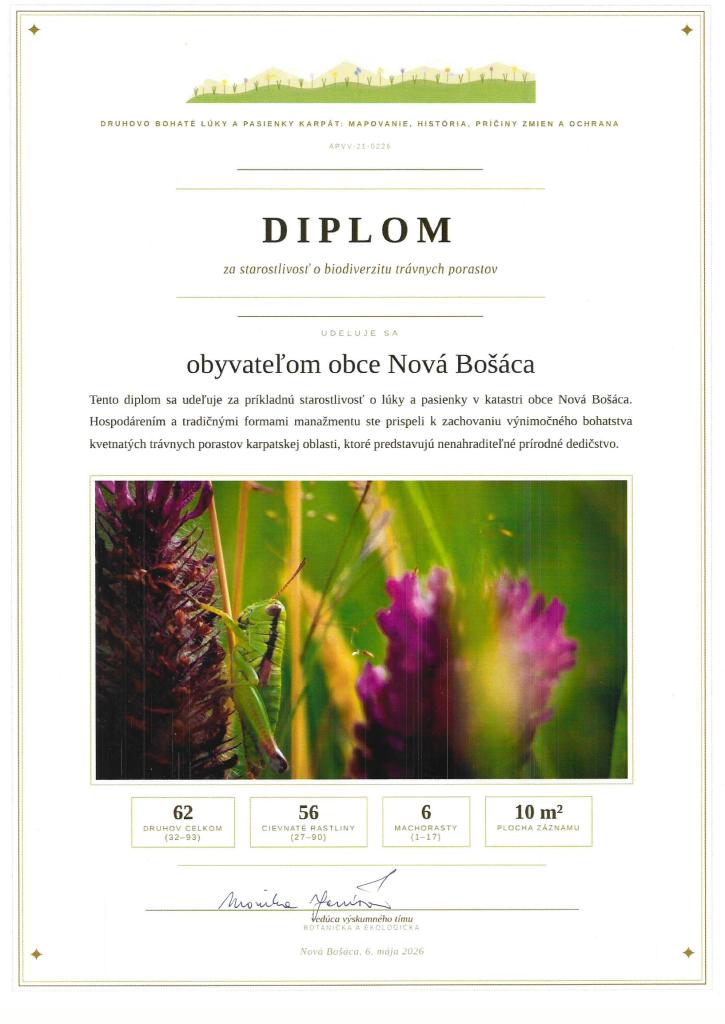 Diplom za&nbsp;starostlivosť o&nbsp;biodiverzitu trávnych porastov