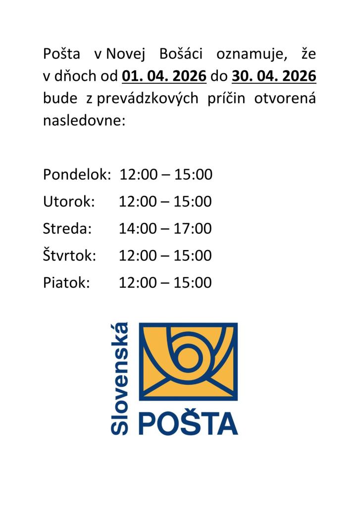 Zmena otváracích hodín pošty v&nbsp;Novej Bošáci počas mesiaca apríl