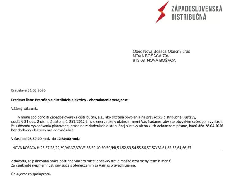 Prerušenie distribúcie elektriny - oboznámenie verejnosti