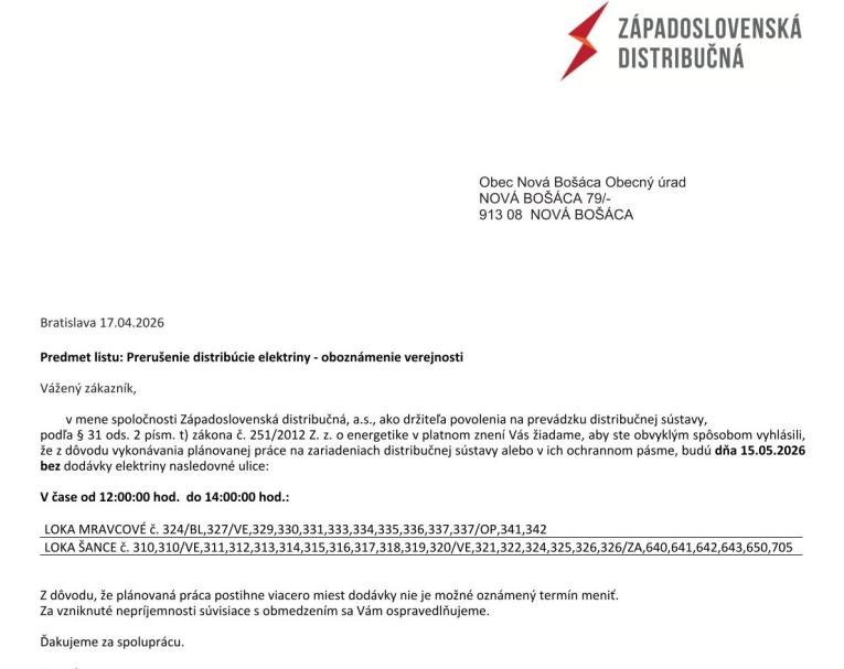 Prerušenie distribúcie elektriny - oboznámenie verejnosti